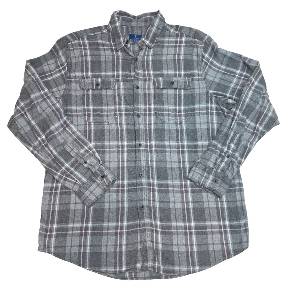 George Mens XL Grey Pink Plaid Flannel Button Down Shirt GM31Y054 Long Sleeve